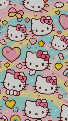 hello kitty wallpaper with hearts and stars in pastel blue, pink, yellow and white colors