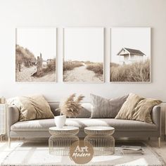 a living room filled with furniture and pictures on the wall above it's couch