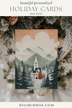 Digibuddha winter valley folk art 2D country rustic mountains landscape scene with a lovely little Christian church, gorgeous folded custom bifold Christmas holiday cards personalized with your customized family name and photo picture and message, perfect for 2023 Christmas cards or 2024 Christmas cards or even 2025 Christmas cards and 2026 Christmas cards.