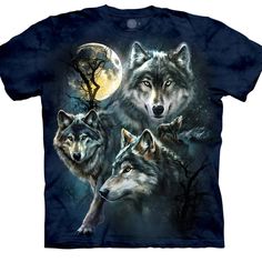 three wolfs in front of a full moon