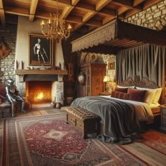 a bedroom with a bed, fireplace and chandelier in the middle of it