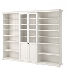 a white bookcase with two doors and three shelves