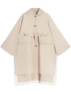 light beige cotton gabardine weave front button fastening detachable and adjustable waist belt spread collar long wide sleeves buttoned cuffs two side flap pockets cape design high-low hem mid-calf length Cape Designs, Collar Coat, City Dress, Collared Coat, Cape Coat, Dark Beige, Summer Beach Wear, Wide Sleeves, Ski Wear