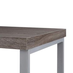 a wooden table with metal legs on a white background