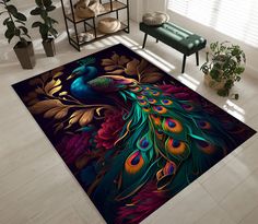 a colorful rug with a peacock on it