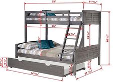 a bunk bed with drawers underneath it and measurements for the mattresses on each side