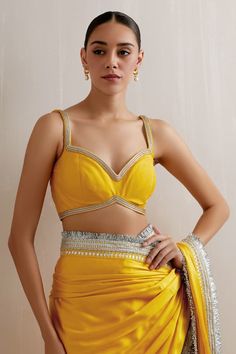 Yellow saree with zardozi, aari, dabka, sequin, gota, zari, bead embroidered border. Paired with sleeveless embroidered blouse and petticoat. - Aza Fashions Satin Embroidery, Saree Silk, Yellow Saree, Embroidered Saree, Embroidered Border, Blouse For Women, Satin Color, Fashion App, Sweetheart Neck