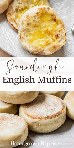 english muffins on a plate with the words sourdough english muffins