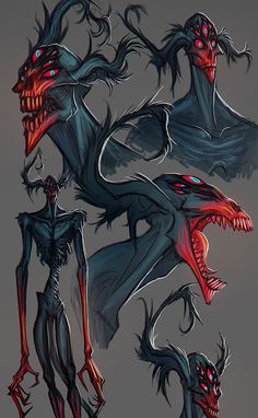 some creepy looking monsters with red eyes and fangs on their faces, all in different poses