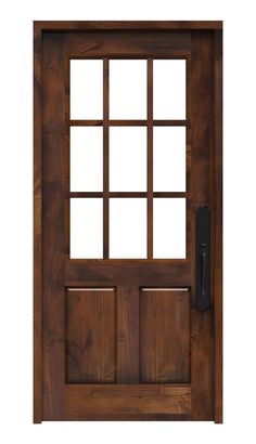 the front door is made from wood and has glass panels on each side, along with an iron handle