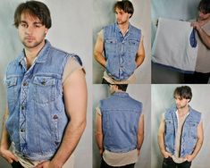 This 1990s vintage denim vest jacket has a warm faux shearling fleece lining, a wing collar, and a five-button closure in the front. The sleeveless jacket has four pockets on the front (the upper two buttoned). Condition: Near Mint (Like New ... Professionally Cleaned ... soft and supple, with no stains, tears, wear spots, or weaknesses in the seams)  Brand label:  Work & Wear Quality Size: Large (42 to 44 US/UK) Material: Cotton Chest = Good fit up to 44 inches (106.68cm) Vest Jacket Length = 26 inches (66.04cm) Vintage Denim Vest, Wing Collar, Suede Vest, Jean Vintage, Brand Label, Sleeveless Jacket, 90s Vintage, Vintage Jeans, Denim Vest