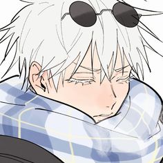 an anime character with white hair and sunglasses on his head, wearing a scarf around his neck