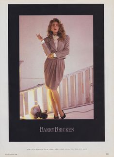 an advertisement for barry brickken shoes featuring a woman in a dress and heels