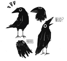 three black crows standing next to each other with the words hello written on their faces