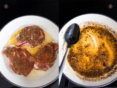 two white plates with meat and spices on them next to a bowl filled with sauce