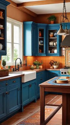 a kitchen filled with lots of blue cabinets