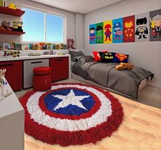 a bedroom with a captain america rug in the middle and various superheros on the wall