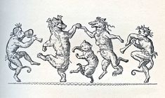 an old drawing of five dancing dogs