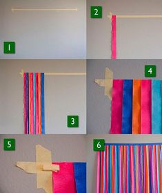 the instructions for how to make a curtain from strips of colored tissue paper and duct tape