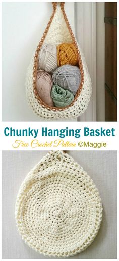 crocheted hanging basket with yarn balls in it and the text chunky hanging basket free crochet pattern