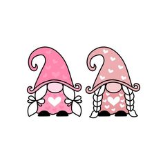 two little pink gnomes with hearts on their heads, one wearing a pink hat