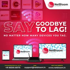 an advertisement for the netblom tv service, say goodbye to lag no matter how many devices you use