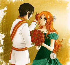 a man and woman dressed up as princesses with flowers in their hands, standing next to each other