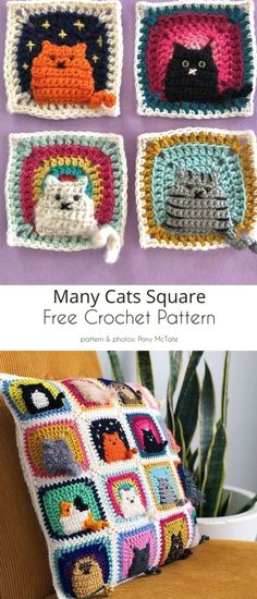 four crocheted squares with cats on them and the text, many cats square free crochet pattern