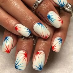 4tg Of July Nails, Red White And Blue Nails, White And Blue Nails, Firework Nail Art, 4th Nails, Patriotic Nail, Patriotic Nails Design, Firework Nails