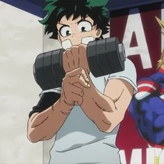 an anime character holding two dumbbells in front of him and another person standing next to him