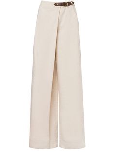 sand beige wrap design high-waisted buckle fastening two side inset pockets wide leg long length Wrap Trousers, Uzun Boy, Dancer Lifestyle, Dressy Casual Outfits, Wrap Pants, Casual Dressy, Normal Clothes, Embellished Gown, Versace Outfit