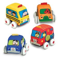 four different toy vehicles are shown in this image