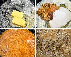 four pictures showing different types of food being made in a pan with butter and other ingredients