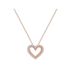 Featuring a heart design and round-cut diamonds, this 10k rose gold pendant necklace is lovely and luxurious. Metal: 10k rose gold Chain length: 18 in. Packaging: boxed Plating: rhodium Finish: polished Pendant size: 11.60 mm x 12.70 mm Chain type: ropeDIAMOND DETAILS Total weight: 1/5 ct. Color grade: H-I Clarity: I2-I3 Shape: round Setting: prong Diamond weights are approximate. Diamond Total Weights may vary between .01 and .13 ct. Some diamonds consist of fewer than 17 facets. Gemstones may Rose Gold Diamond Open Heart Necklace, Rose Gold Open Heart Diamond Necklace, Rose Gold Heart Pendant Diamond Necklace, Rose Gold Heart Diamond Necklace For Valentine's Day, Rose Gold Diamond Heart Pendant Necklace, Rose Gold Heart-shaped Diamond Necklace, Rose Gold Diamond Heart Necklace With Charm, Rose Gold Heart Diamond Necklace, Rose Gold Brilliant Cut Diamond Heart Pendant Necklace