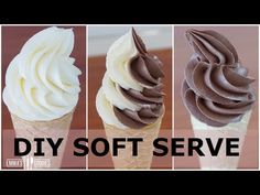 three ice cream cones with chocolate frosting in them and the words diy soft serve