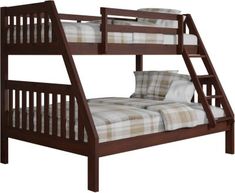 a wooden bunk bed with a pull out trundle and mattress underneath the ladder