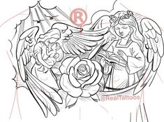 an angel holding a rose with wings on it's back and the letter r above it