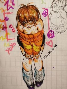 a drawing of a girl with her arms wrapped around herself