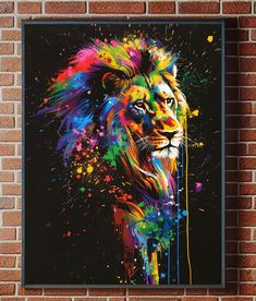 a colorful lion painting on a brick wall