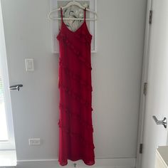 Gorgeous Red Dress With Ruffle Detail And Adjustable Straps. Ankle Length And Perfect For Date Night Or Best Dressed Wedding Guest. Never Been Worn Tags Still Attached, Size Small ! Red Floor Length Dress, Best Dressed Wedding Guest, Knot Maxi Dress, Silky Maxi Dress, Red Floor, White Floral Maxi Dress, Beaded Maxi Dress, Navy Blue Bridesmaid Dresses, Empire Waist Maxi Dress