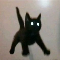 a black cat with glowing eyes jumping up into the air in front of a door