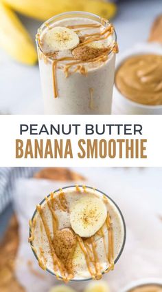 peanut butter banana smoothie in a glass topped with bananas