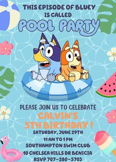 Welcome to our Bluey and Bingo Pool Party Birthday Invitation! Perfect for celebrating your child's special day with a splash, this customizable invite comes in two vibrant color options to suit your party theme. Whether your little one adores Bluey or Bingo, this invitation sets the tone for a fun-filled poolside celebration #BlueyBirthdayInvitation #BingoPoolPartyInvite #KidsBirthdayInvite #CustomizableBirthdayInvite #PoolPartyTheme #BlueyAndBingo #BirthdayPartyIdeas #KidsPartyPlanning #DigitalInvitation #PrintableBirthdayInvite #PoolsideCelebration #FunBirthdayInvite #ColorfulBirthdayTheme #CustomizableInvite #KidsCelebration #PoolPartyBirthday #ChildrensParty #BirthdayInvite #PersonalizedInvitation Kids Party Planning, Pool Party Birthday Invitations, Printable Birthday Invitations, Personalized Invitations, Childrens Party, Invitation Set