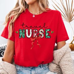 Christmas Travel Nurse Shirt, Nurse Gift, Nurse Christmas Shirt, Nurse Xmas Sweater Christmas Gift, Travel Nurse Shirt, Medical Gifts THE PRODUCT: .: 100% heirloom combed and ringspun cotton (fiber content may vary for different colors) .: Light fabric (4.2 oz/yd² (142 g/m .: Retail fit .: Sewn in label .: Runs true to size CARE: .: Turn inside out and machine wash on cold. Do not bleach. Do not iron directly onto the design. PRODUCTION + SHIPPING: .: Printed in the USA .: Please allow 5-7 busin Emergency Room Nurse, Christmas Gifts For Nurses, Travel Nurse, Nursing Student Gifts, Medical Gifts, Cute Christmas Shirts, Cute Nurse, Nurse Christmas, Xmas Sweater