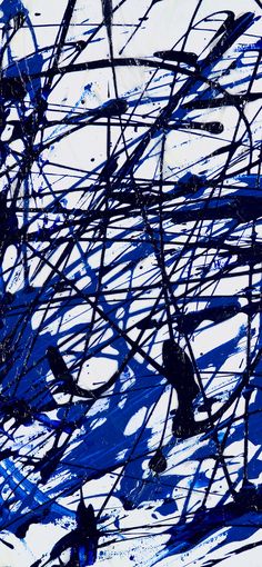 an abstract painting with blue and black brush strokes