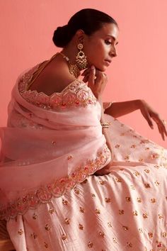 Powder pink hand embroidered scalloped organza dupatta with dainty camellia floral thread and gota embroidery with mukaish handwork. - Aza Fashions Designer Wedding Sets With Floral Embroidery, Designer Resham Embroidered Fabric For Wedding, Designer Resham Embroidery Fabric For Wedding, Designer Lehenga With Resham Embroidery For Wedding, Tissue Silk Embroidered Fabric For Reception, Designer Embroidered Pink Sets, Designer Pink Embroidered Sets, Traditional Dupatta With Handwork In Organza, Traditional Organza Dupatta With Handwork