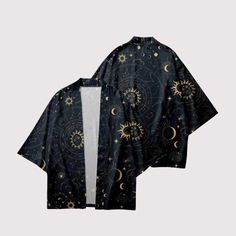 Shine Like the Stars in the Black & Gold Haori Jacket The Black & Gold Haori Jacket is a stunning fusion of traditional Japanese fashion and celestial design. The intricate moon, sun, and astrology stars print add a touch of mystique and elegance to the jacket, while the black and gold color palette exudes sophistication and style. The lightweight and breathable fabric ensures maximum comfort during warm weather, while the loose-fitting design allows for ease of movement. The jacket is versatile Star Haori, Moon And Sun Outfit, Moon Haori, Astro Academia, Haori Ideas, Haori Design, Traditional Japanese Fashion, Haori Pattern, Men's Kimono