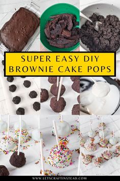 chocolate brownie cake pops with sprinkles on them and the words super easy diy brownie cake pops