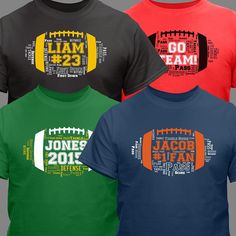 three different colored football shirts with the names of each team and numbers on them, all printed in different colors