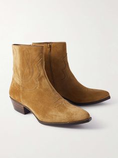 Shop CELINE HOMME Moon Embroidered Suede Boots, Explore the latest in-season CELINE HOMME collection today on MR PORTER Boots Reference, Brown Moon, Suede Cowboy Boots, Tan Boots, Mens Cowboy Boots, Boots Suede, Pointed Toe Boots, Boots For Men, Cowboy Style